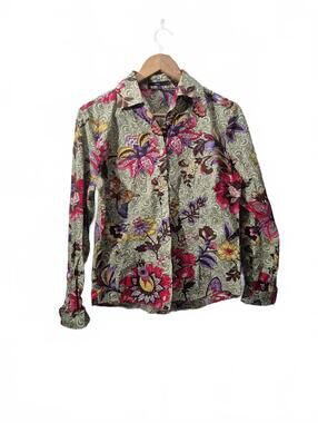 Alara Ladies Long Sleeve Cotton Button Front Shirt Green Pink Floral Motif Patte